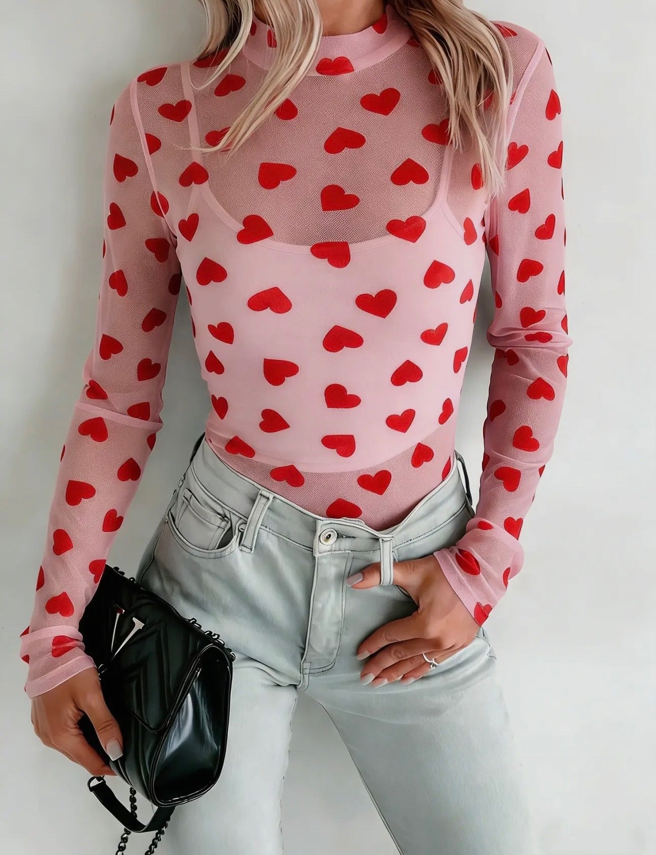 Valentine’s Heart Mock Neck Mesh Long Sleeve Top