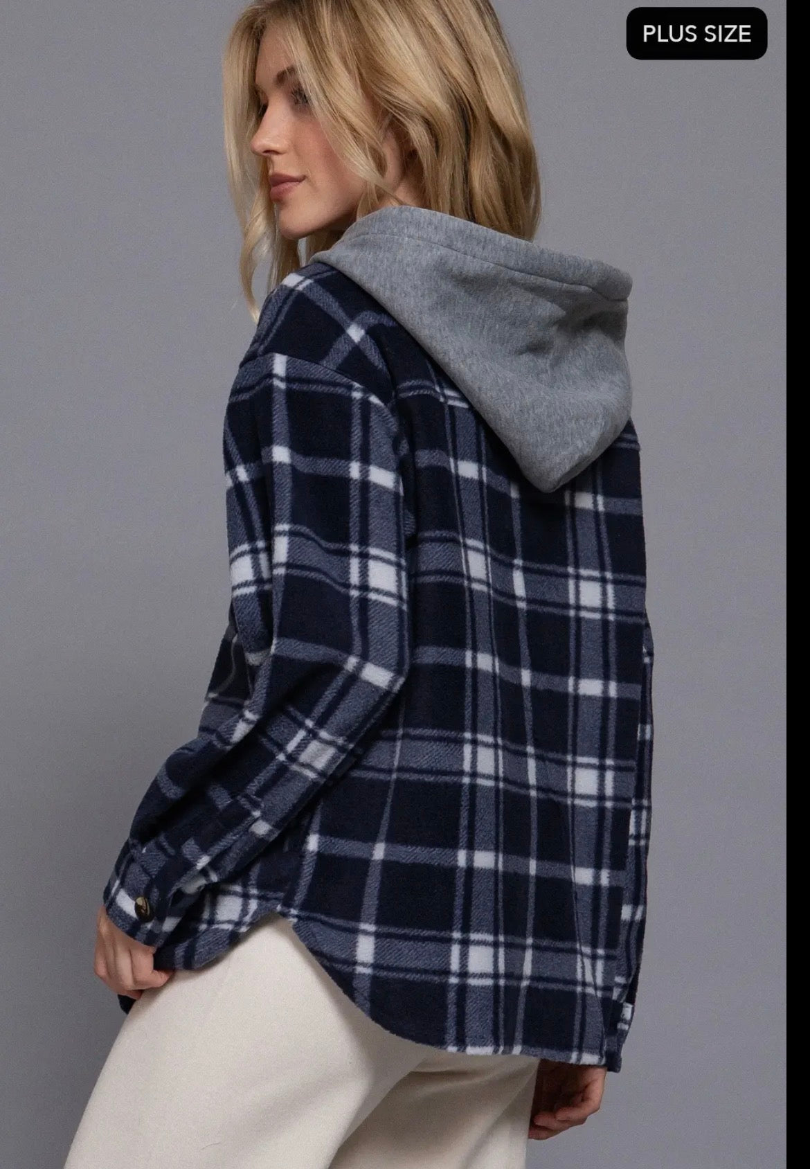 Plus Size Plaid Button Down Hoodie Fleece Jacket