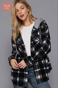 Plus Size Black Plaid Button Down Hoodie Fleece Jacket