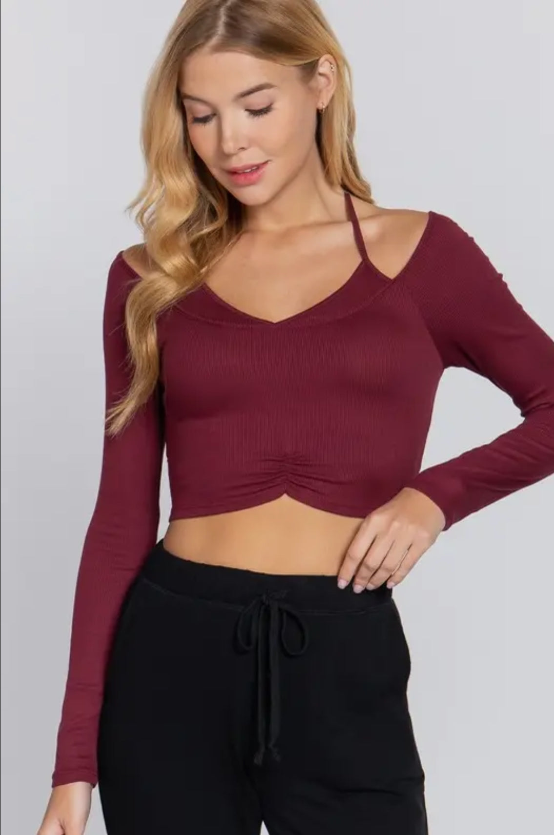 Long Sleeve Layered Halter Neck Knit Top