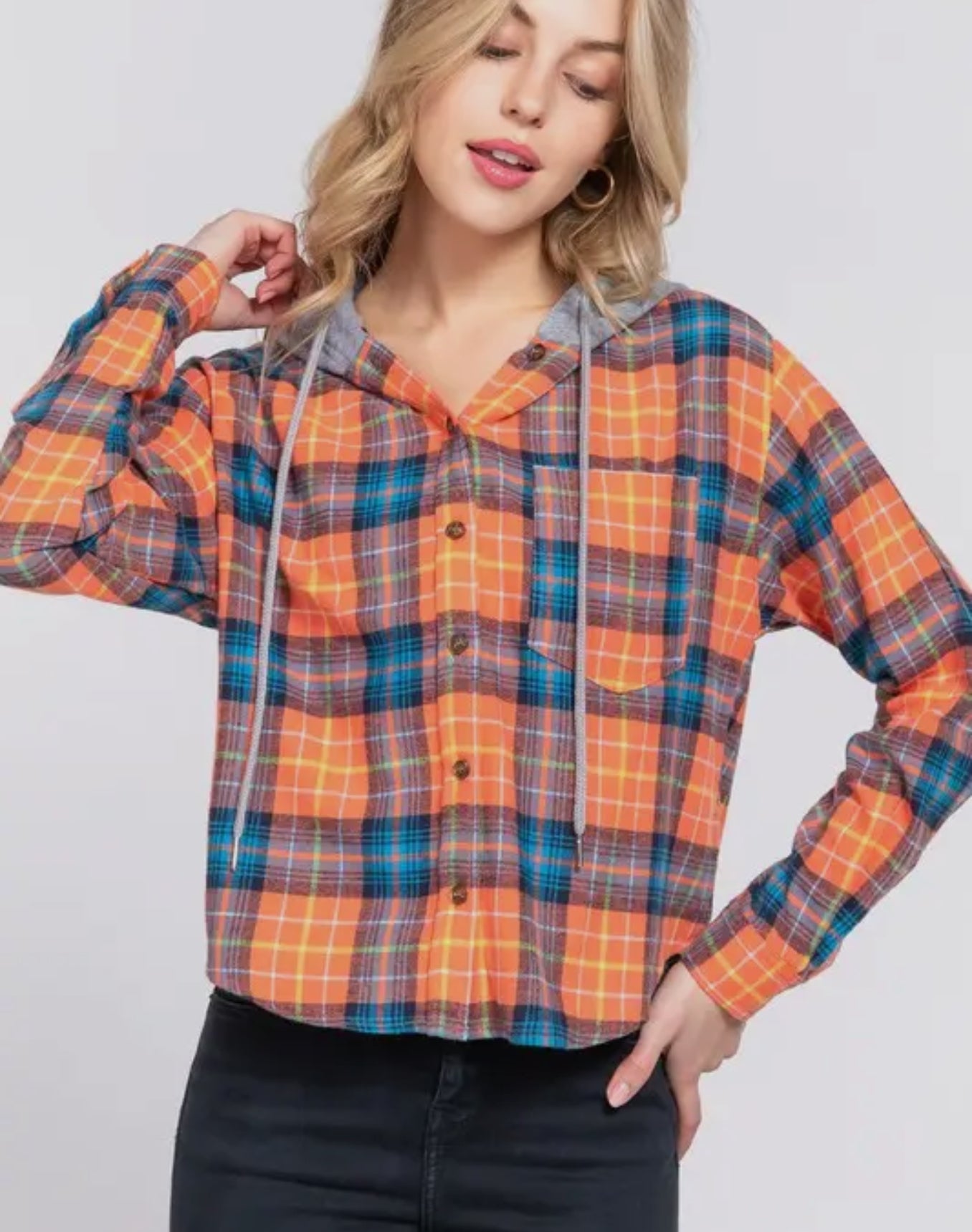 Hoodie Button Down Plaid Shirt