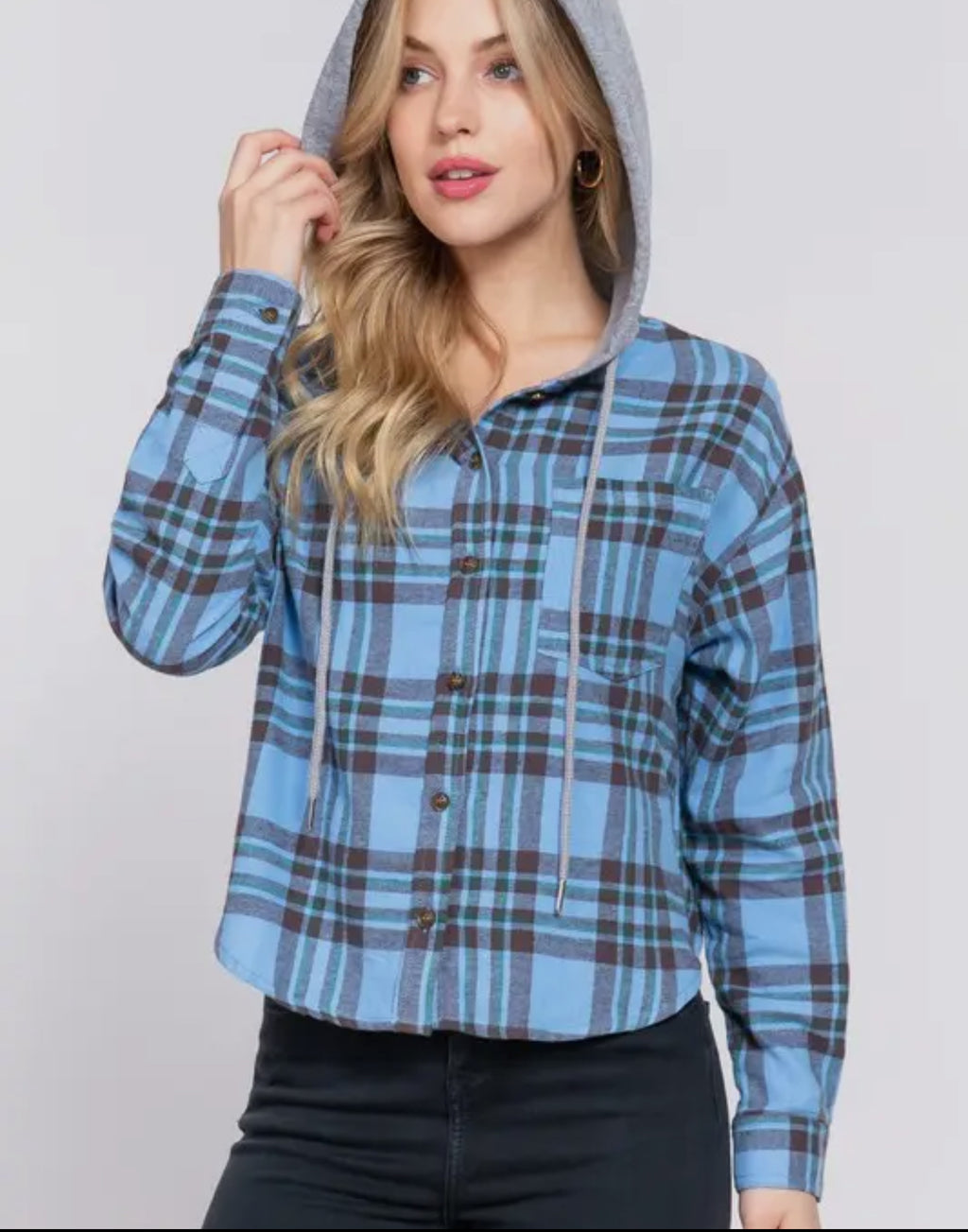 Hoodie Button Down Plaid Shirt
