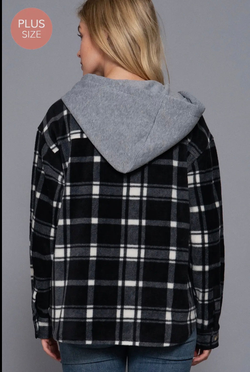 Plus Size Black Plaid Button Down Hoodie Fleece Jacket