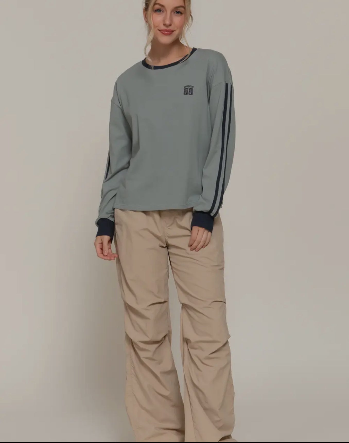 Long Sleeve with Contrast Line Detail Embroidery Tee