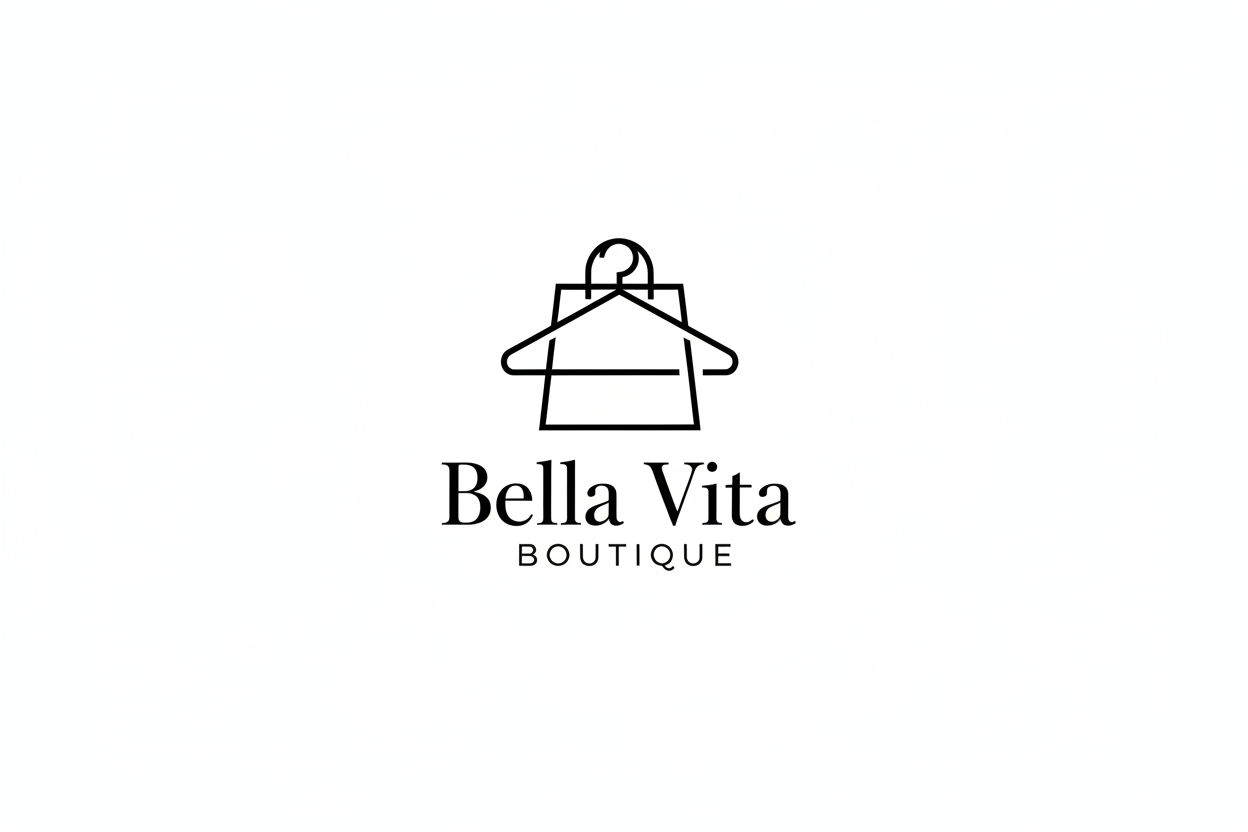 Make a logo that is black and white that says Bella Vita Boutique and has a black clothing hanger and a black shopping bag incorporated 